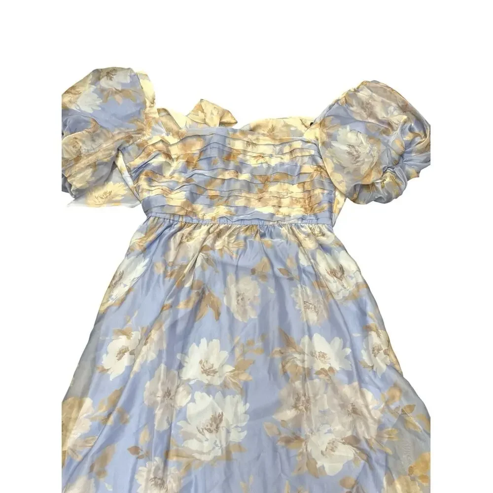 Abercrombie Emerson Drama Bow Back Floral Organza Maxi Dress Blue Large